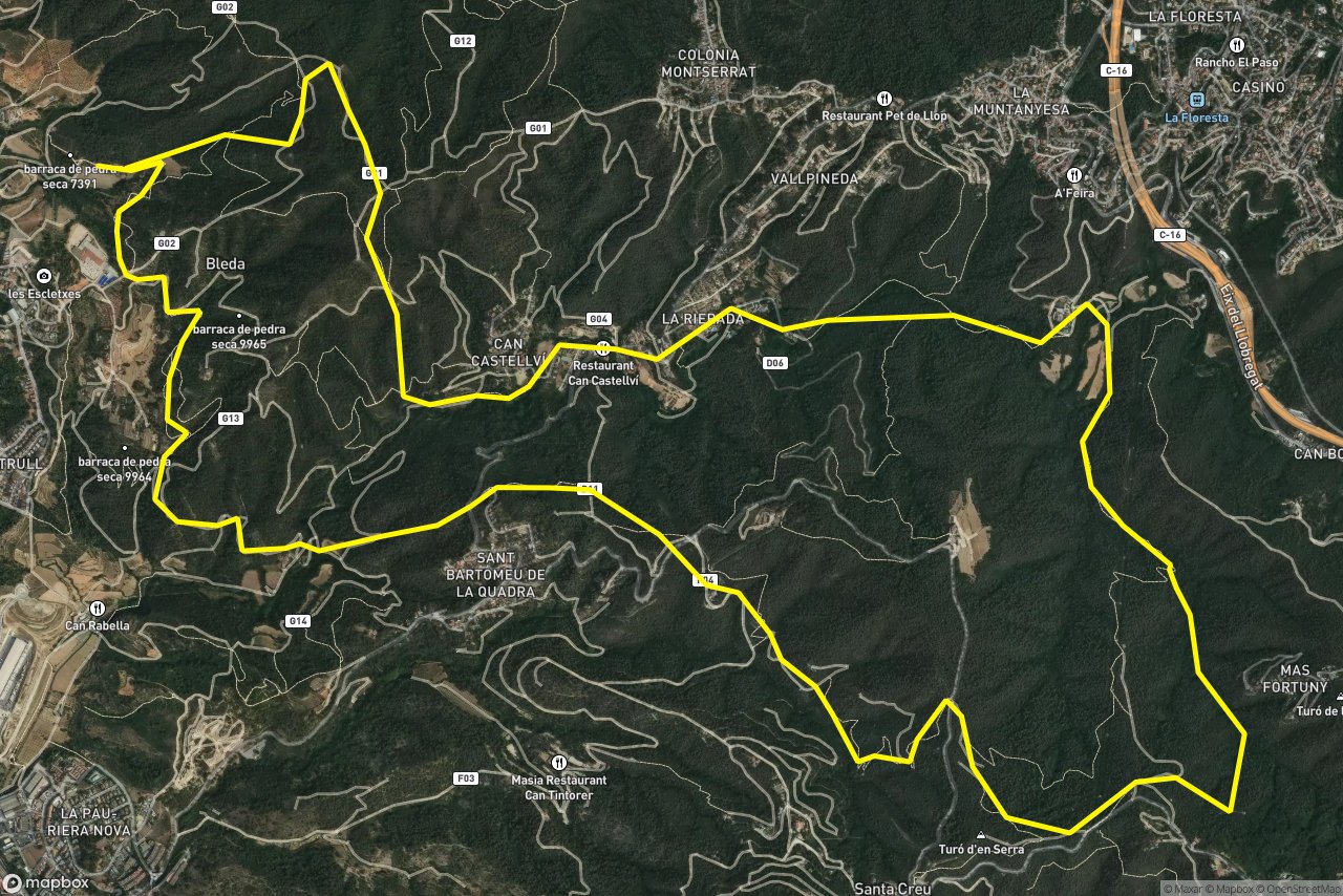 Camí de la Rierada – Camí de Can Mallol 20 km loop seen over 3D terrain