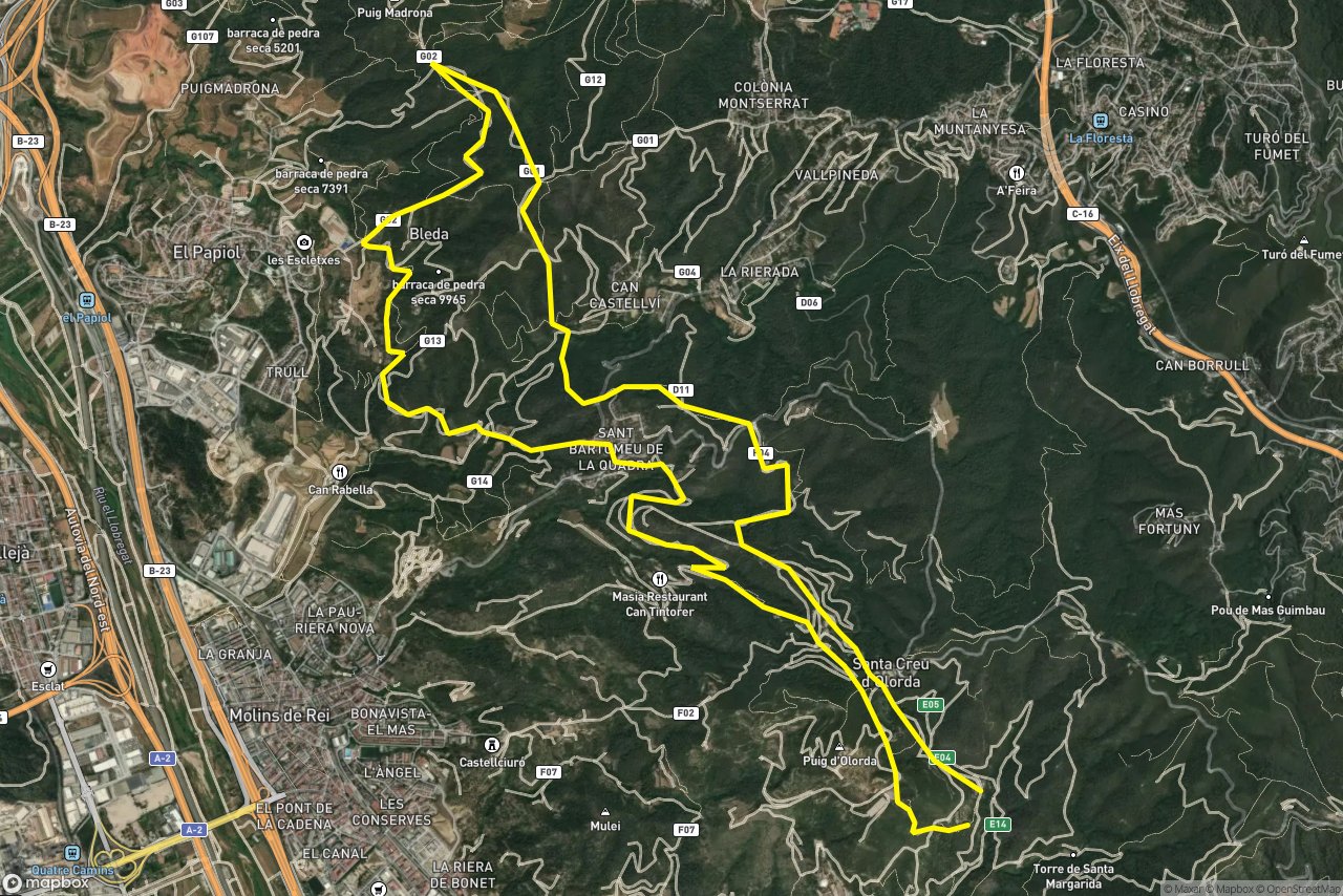 Camí de la Salut – Can Tintorer -Turó d'en Quirze 20 km loop seen over 3D terrain