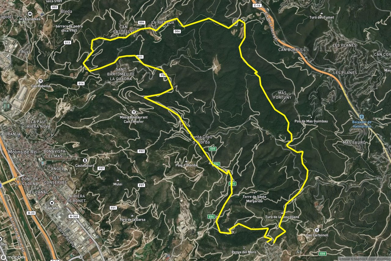 Can Campmany al Turó d'en Quirze – Camí de la Rierada 22 km loop seen over 3D terrain