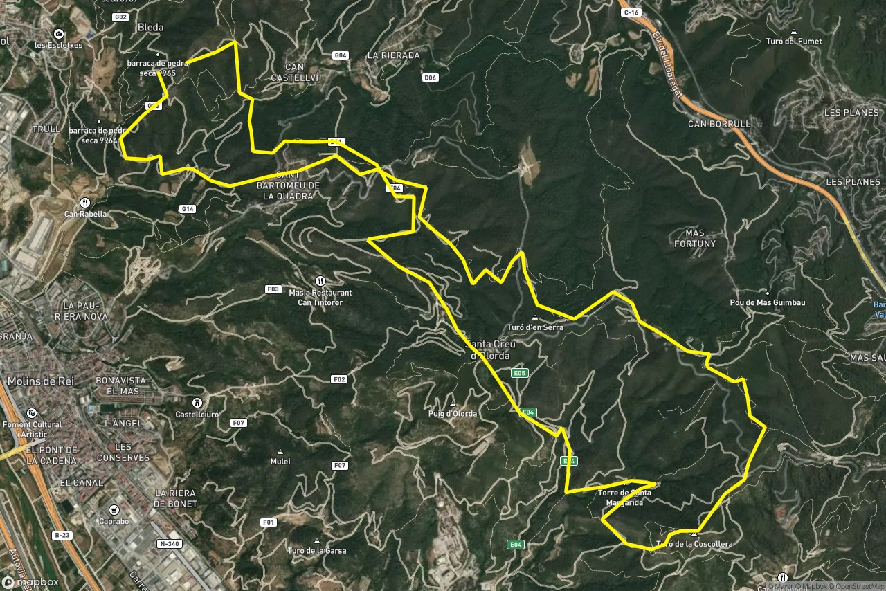 Can Campmany al Turó d'en Quirze – Camí del Coll de l'Amigonet 22 km loop seen over 3D terrain