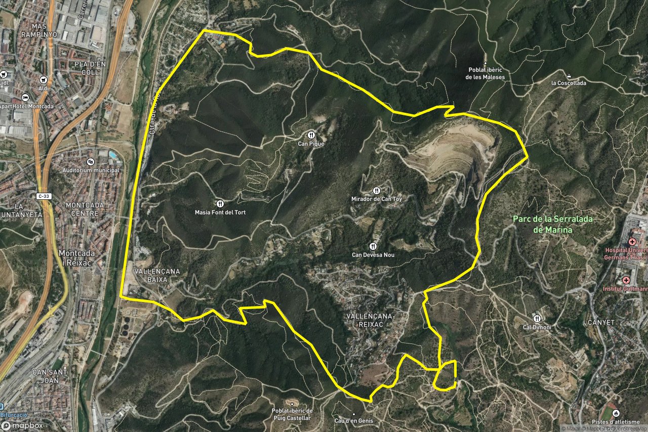 Passeig fluvial del Besòs – Carretera de la Roca 13 km loop seen over 3D terrain