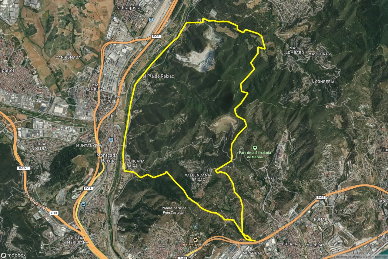 Passeig fluvial del Besòs – Carretera de la Roca 20 km loop seen over 3D terrain