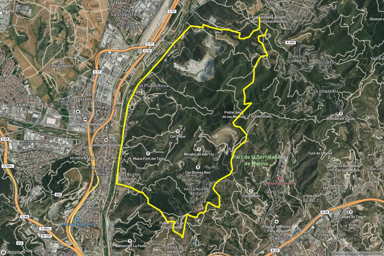 Passeig fluvial del Besòs – Carretera de la Roca 20 km loop seen over 3D terrain