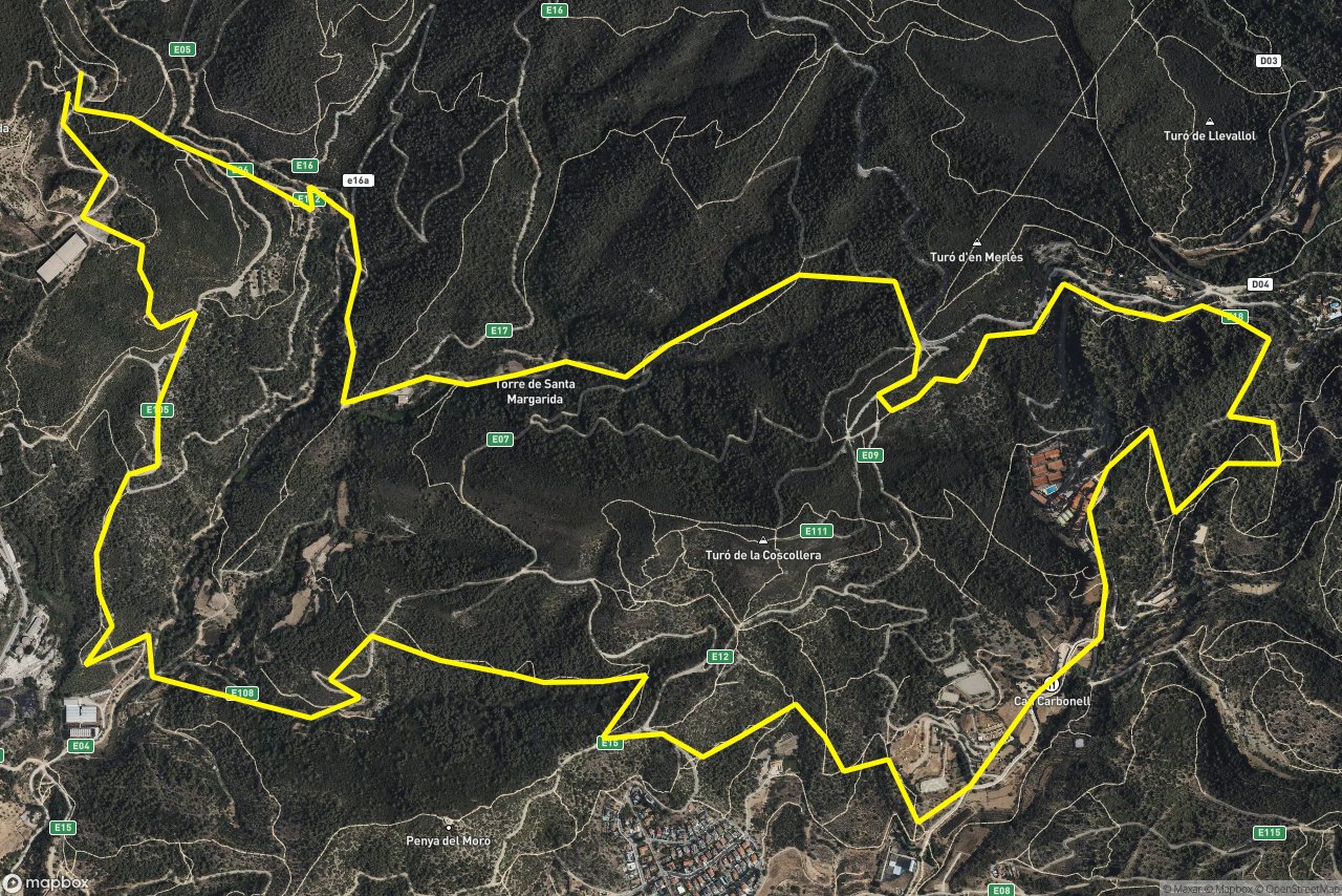 Passeig Muntanya – Camí de la Font del Broll 13 km loop seen over 3D terrain