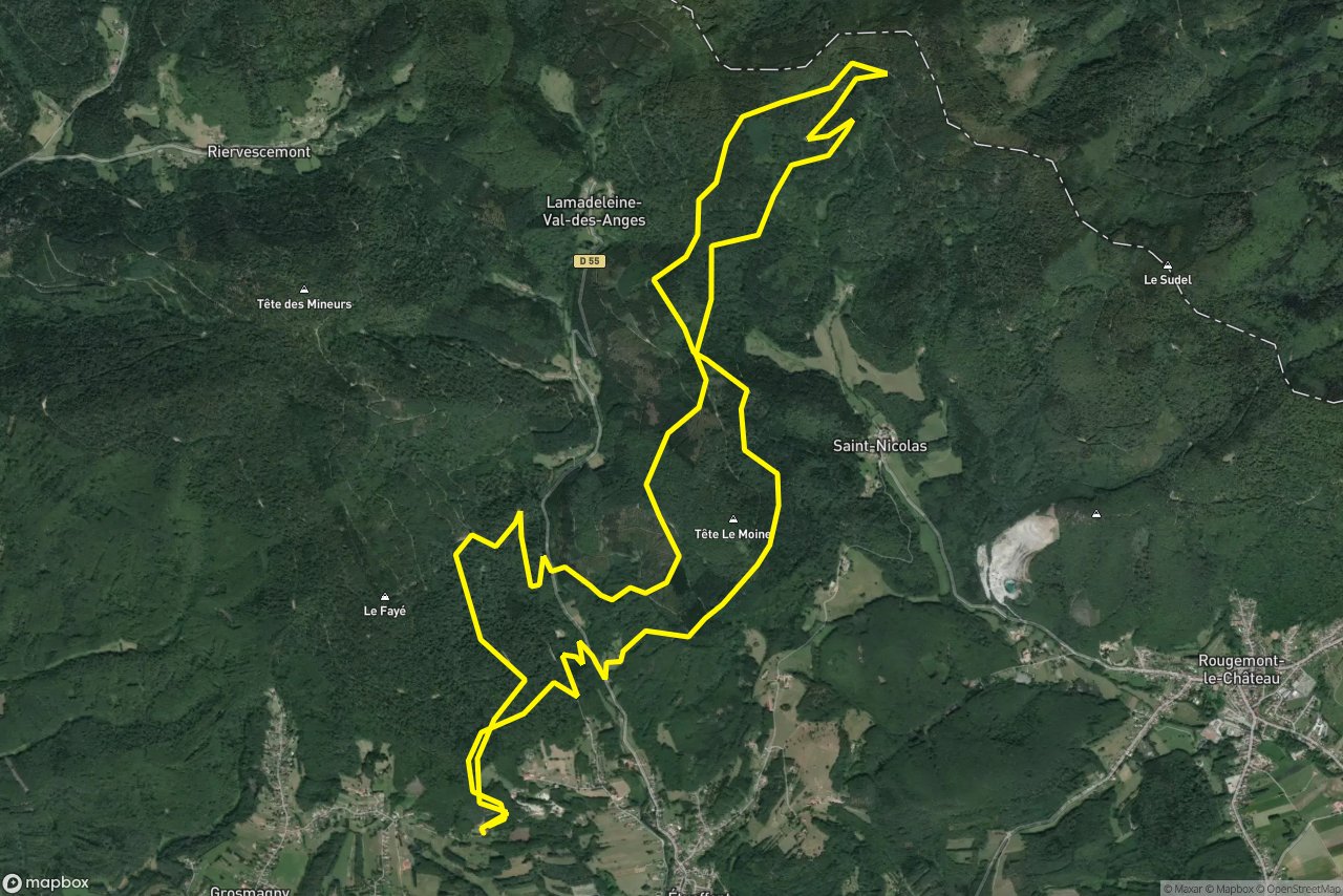 Route Forestière du Fayé 20 km loop seen over 3D terrain