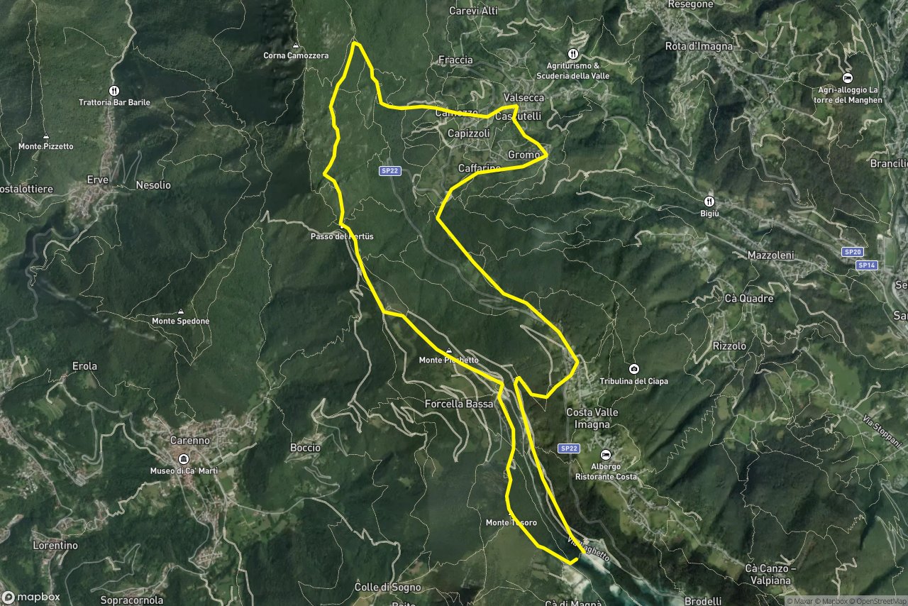 Via Pertus – Strada agro-silvo-pastorale Pertus (ex convento) - Forcella Bassa 14 km loop seen over 3D terrain