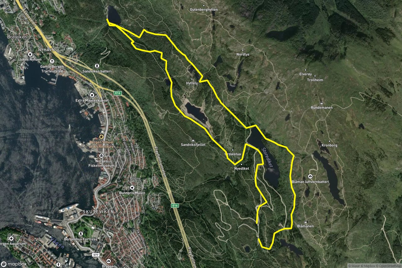Rundemansveien – Blåmansveien 9 km loop seen over 3D terrain