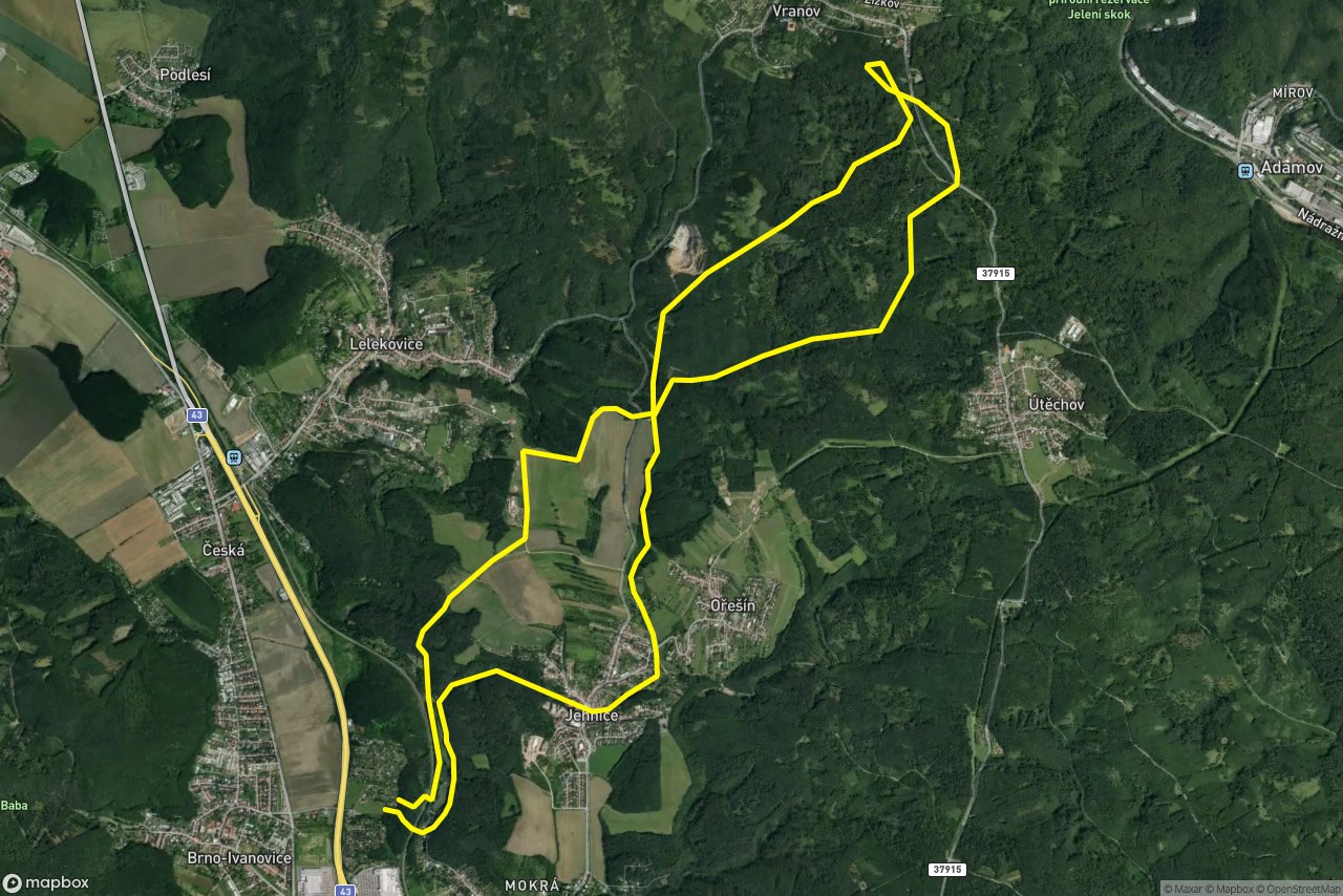 Lesní cesta Babídolská – Kaštánka 17 km loop seen over 3D terrain