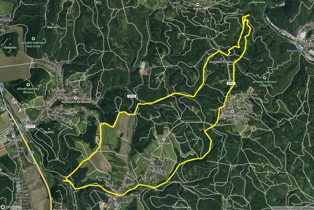 Lesní cesta Babídolská – Lesní cesta Rakovec 16 km loop seen over 3D terrain