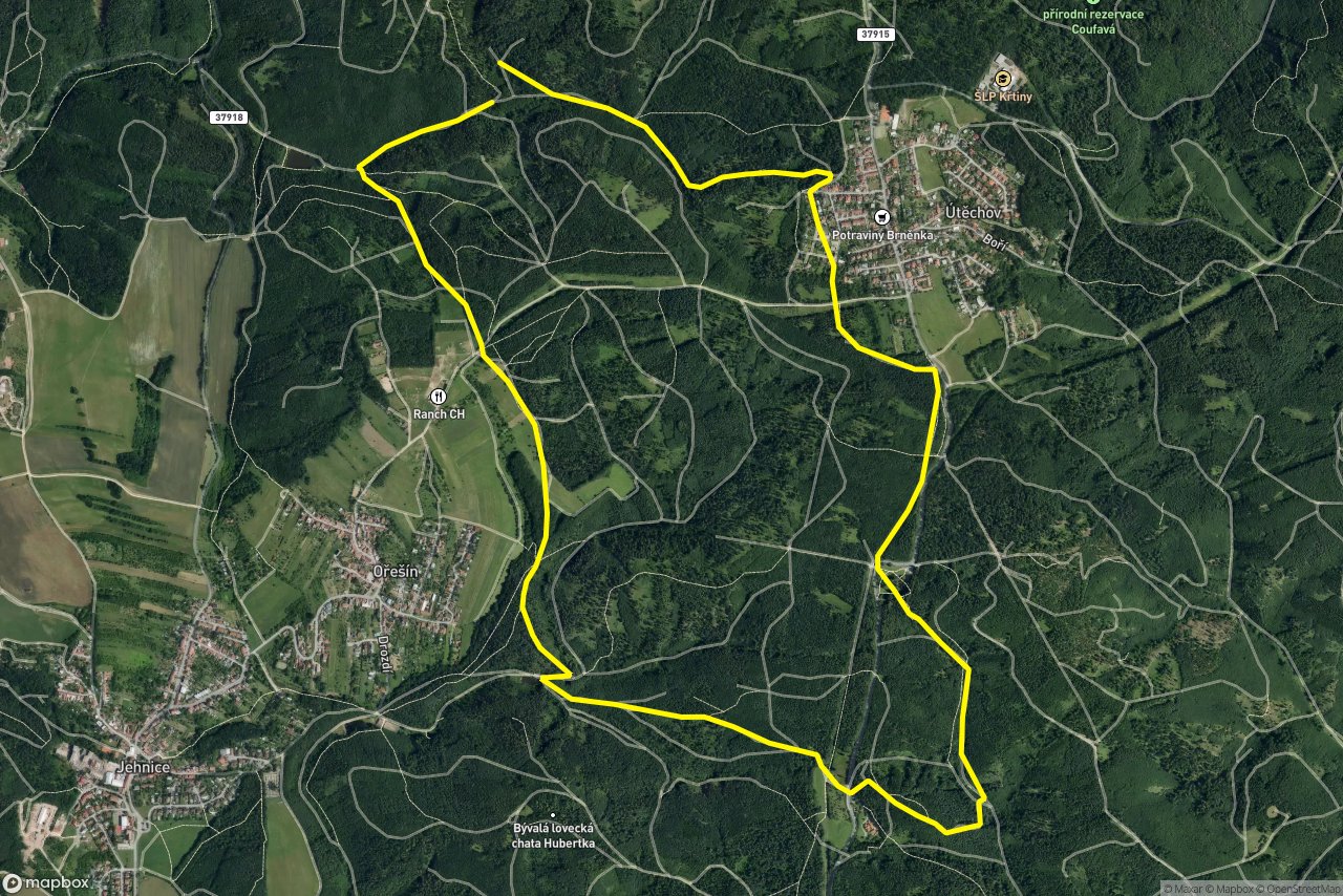 Lesní cesta Melatín – Lesní cesta Babídolská 9 km loop seen over 3D terrain
