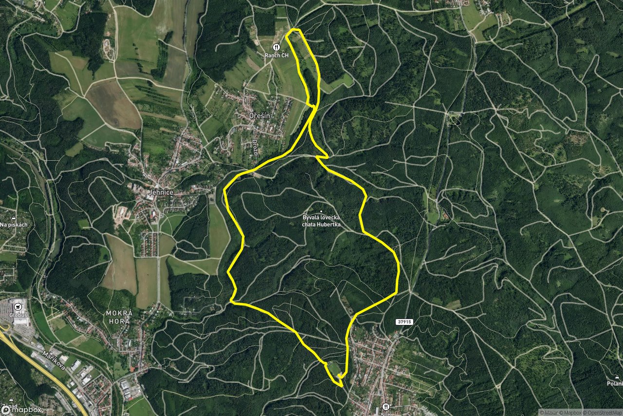 Lesní cesta Rakovec – Mokrohorská 9 km loop seen over 3D terrain