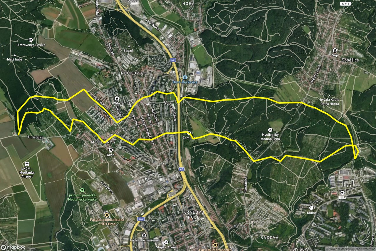 Podhájí – Kytnerova 15 km loop seen over 3D terrain