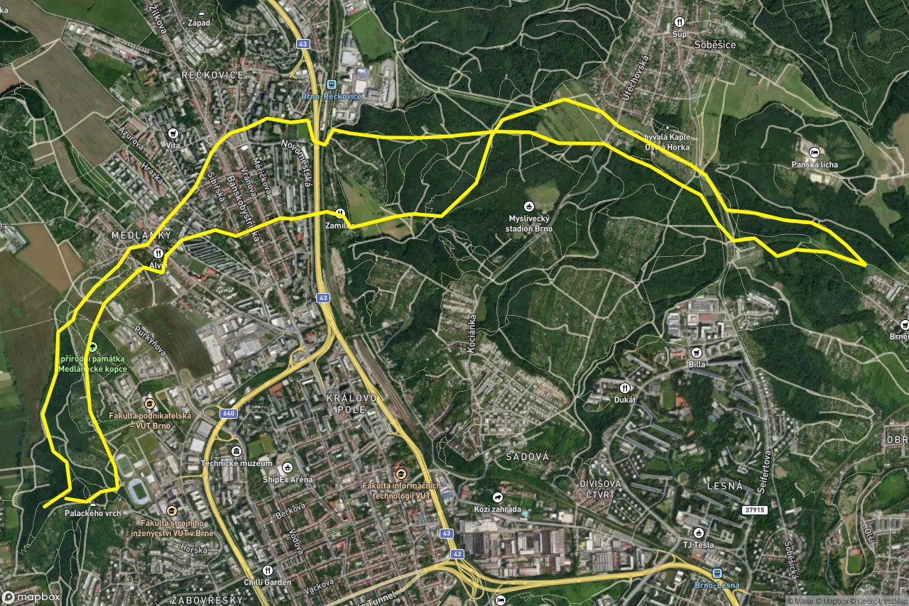 Podhájí – Za Parkem 18 km loop seen over 3D terrain