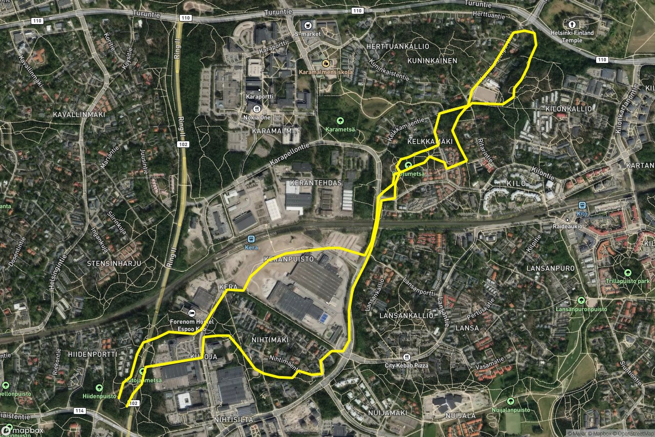 Karamalmintie – Kuninkaistenportti 7 km loop seen over 3D terrain