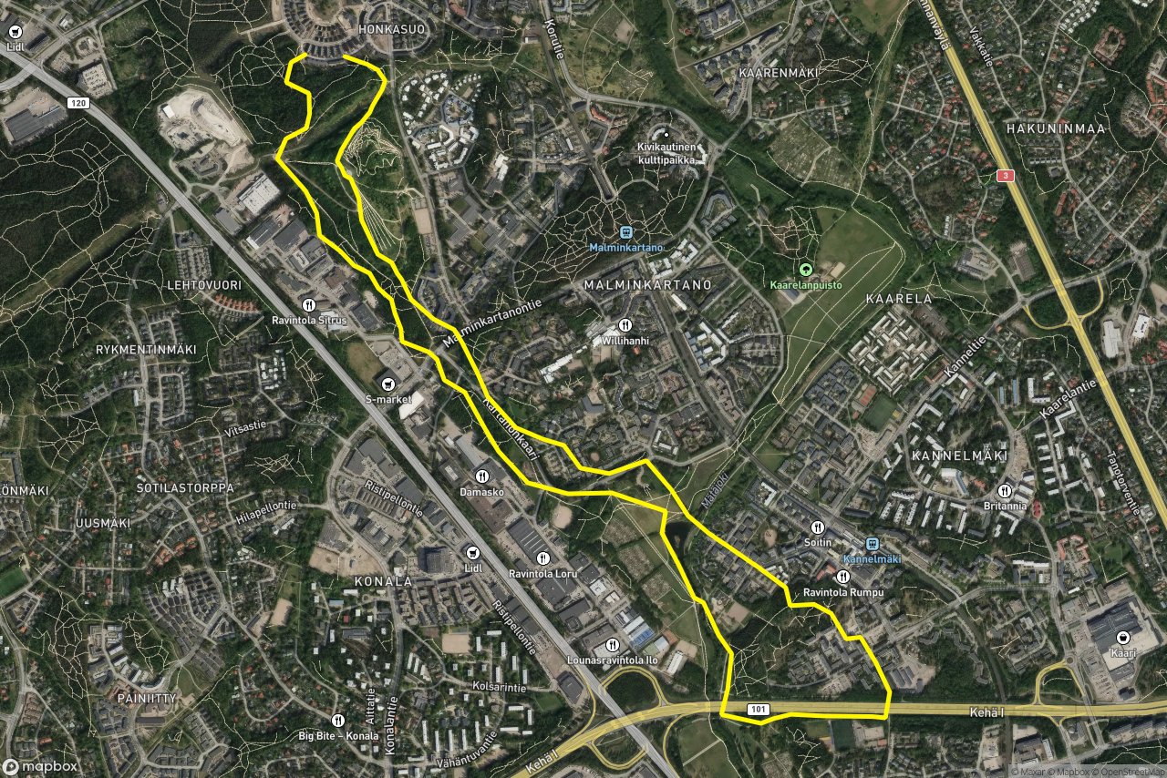 Kartanonkaari – Klaneettipolku 8 km loop seen over 3D terrain