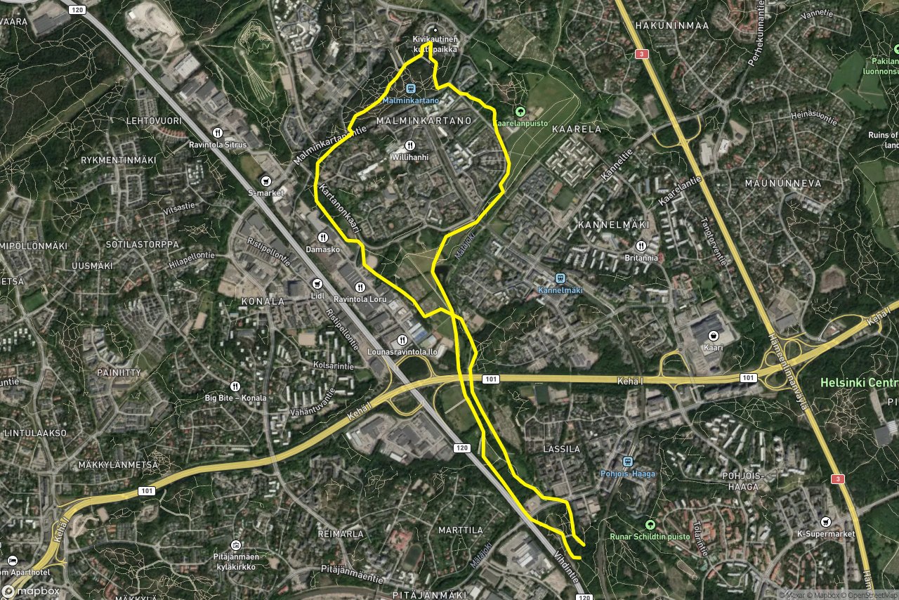 Kartanonkaari – Malminkartanontie 9 km loop seen over 3D terrain