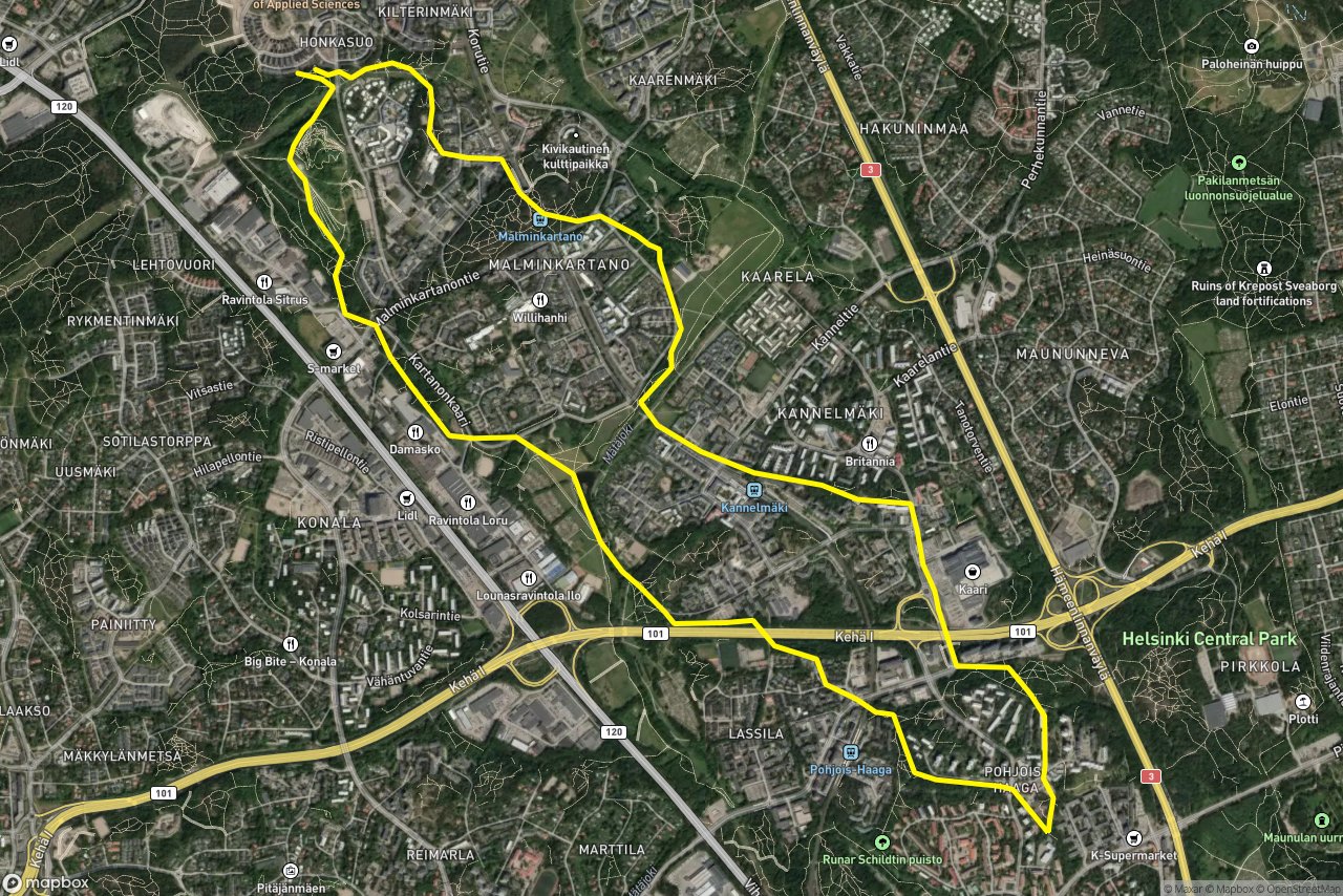 Kartanonkaari – Tuohipolku 12 km loop seen over 3D terrain