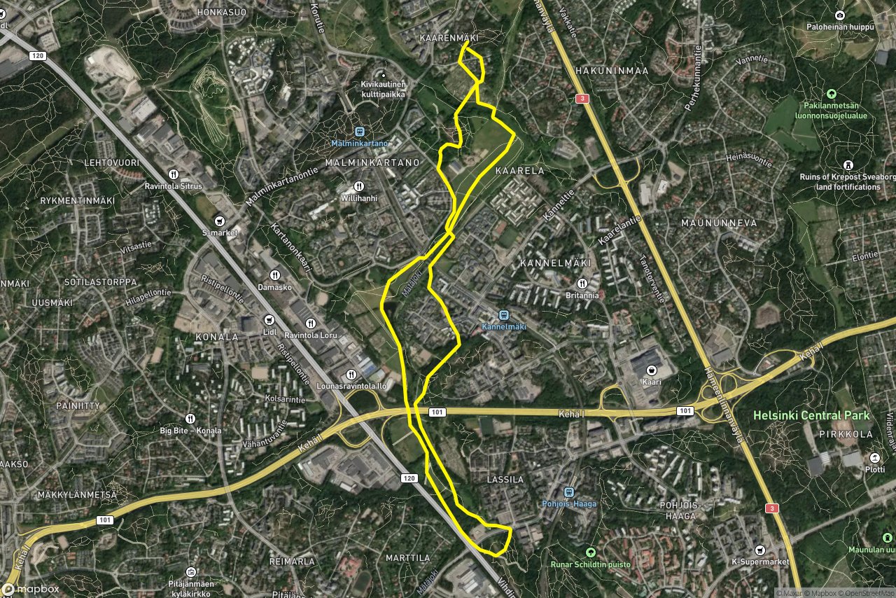 Kartanonkaari – Tuubapolku 8 km loop seen over 3D terrain