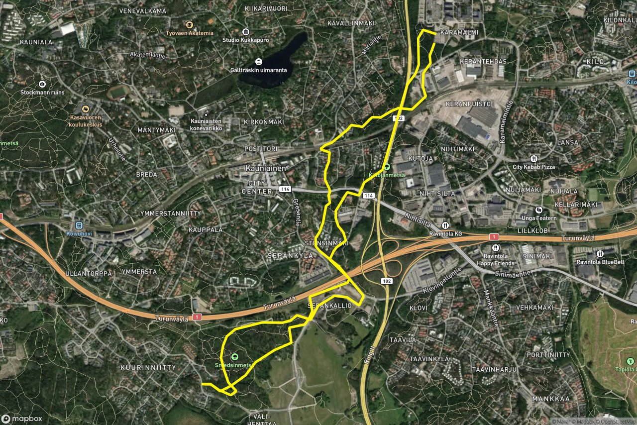 Kehä II – Lakeanmäentie 11 km loop seen over 3D terrain