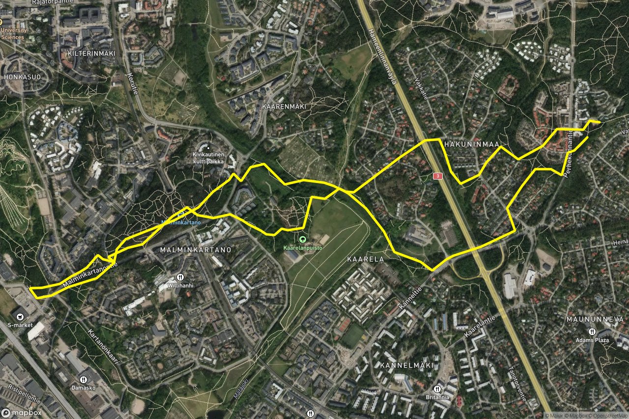 Runonlaulajantie – Maljatie 9 km loop seen over 3D terrain
