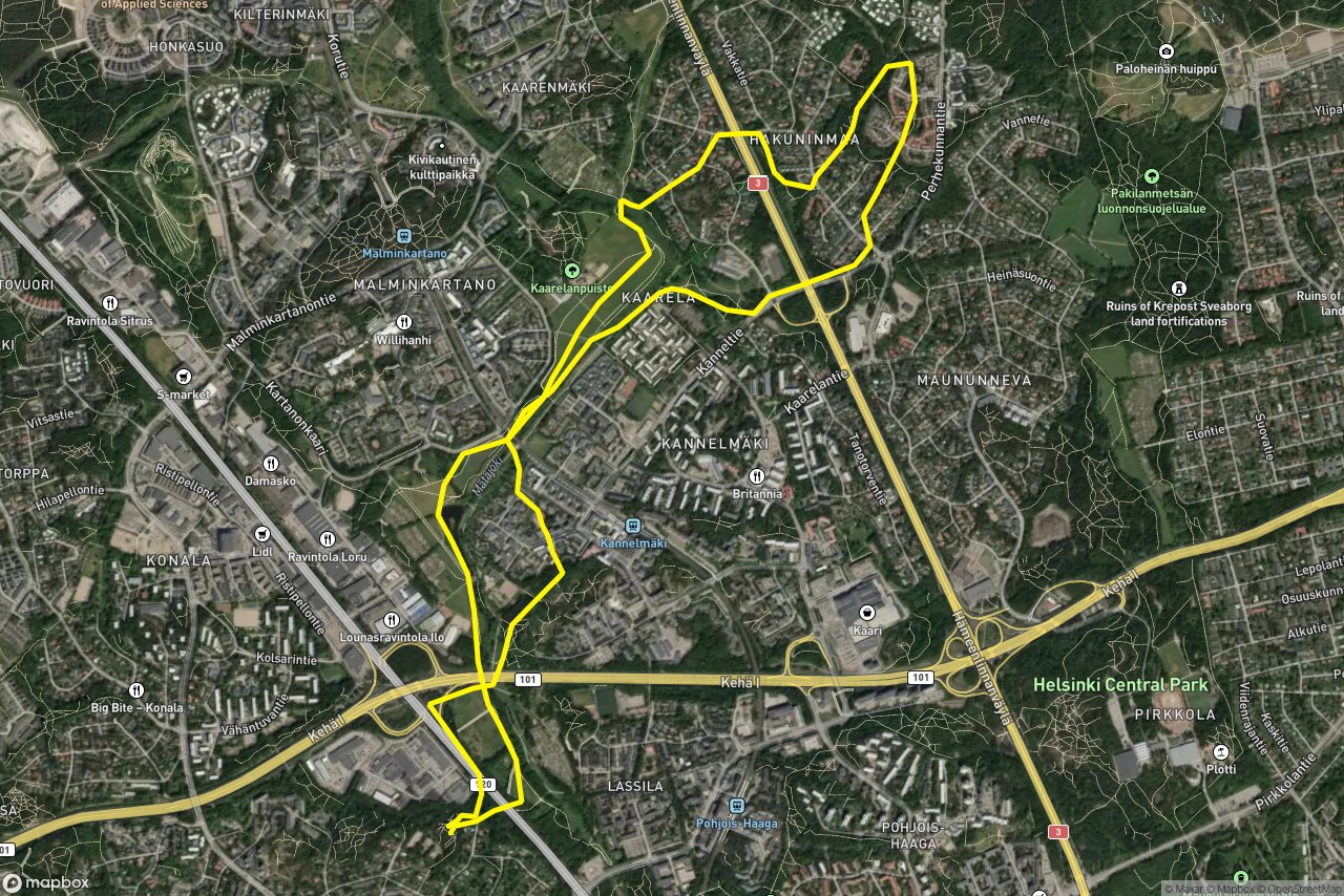 Runonlaulajantie – Vihdintie 10 km loop seen over 3D terrain