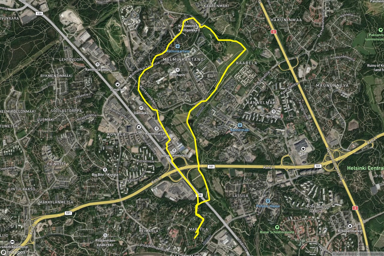 Vihdintie – Mottitie 9 km loop seen over 3D terrain
