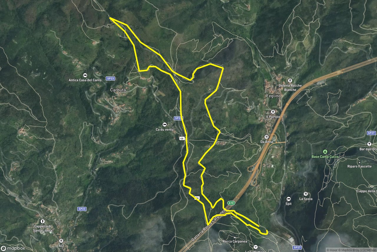 Pian Marino – Strada provinciale Calice Ligure - Carbuta - Melogno 9 km loop seen over 3D terrain