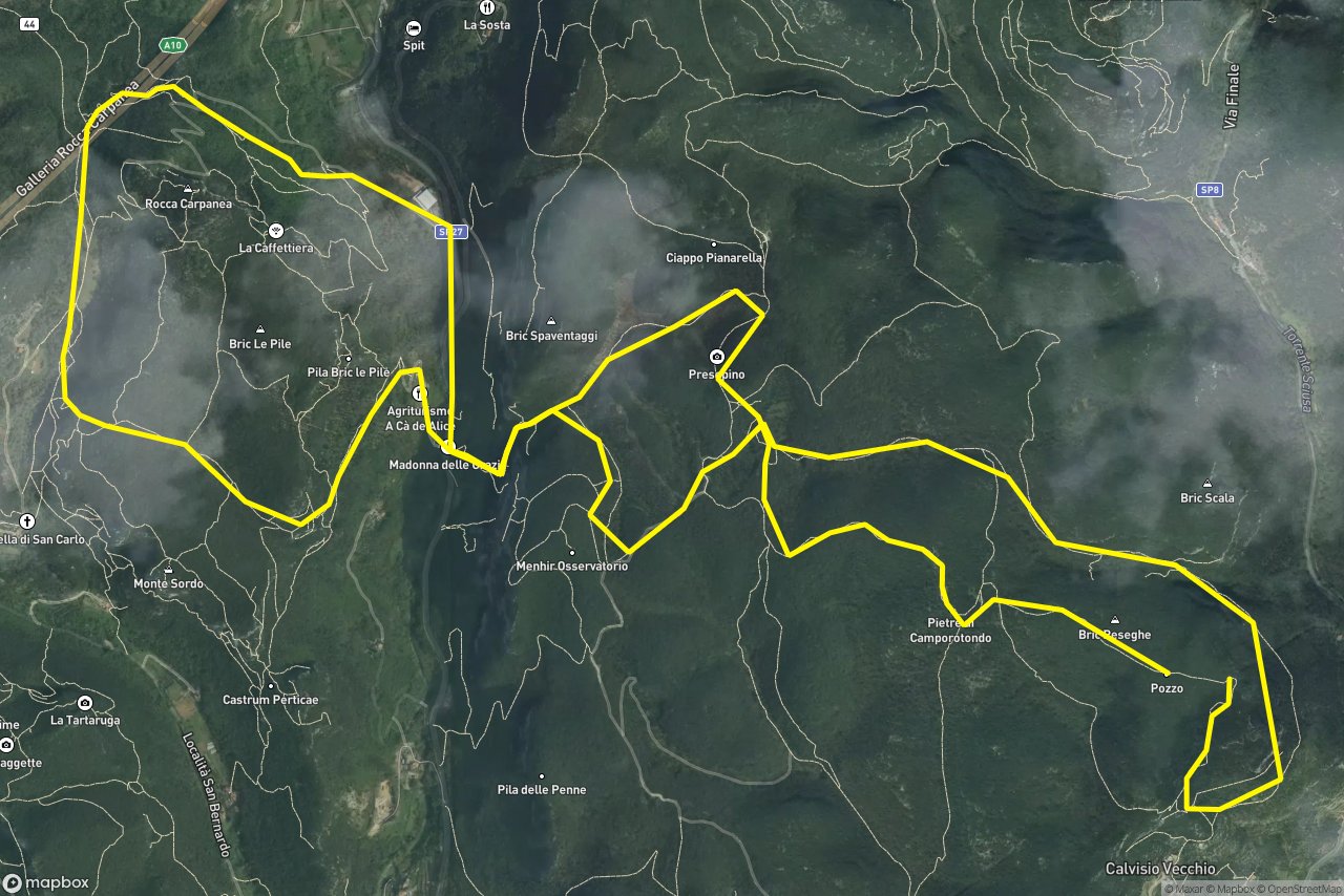 San Bernardino - Calvisio – Strada provinciale Finale Ligure (Borgo) - Orco Feglino 13 km loop seen over 3D terrain