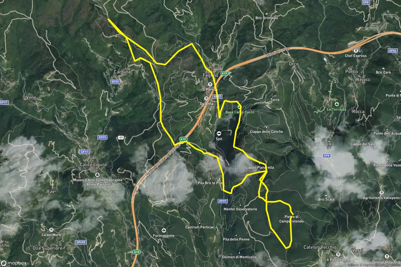 Strada provinciale Calice Ligure - Carbuta - Melogno – Little Champery 19 km loop seen over 3D terrain