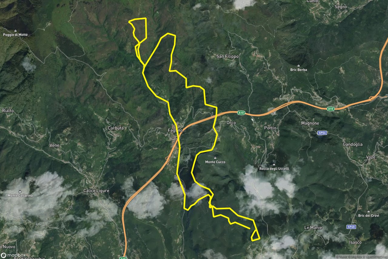 Strada provinciale Finale Ligure (Borgo) - Orco Feglino – Strada San Giacomo - via Caviglia Feglino 27 km loop seen over 3D terrain