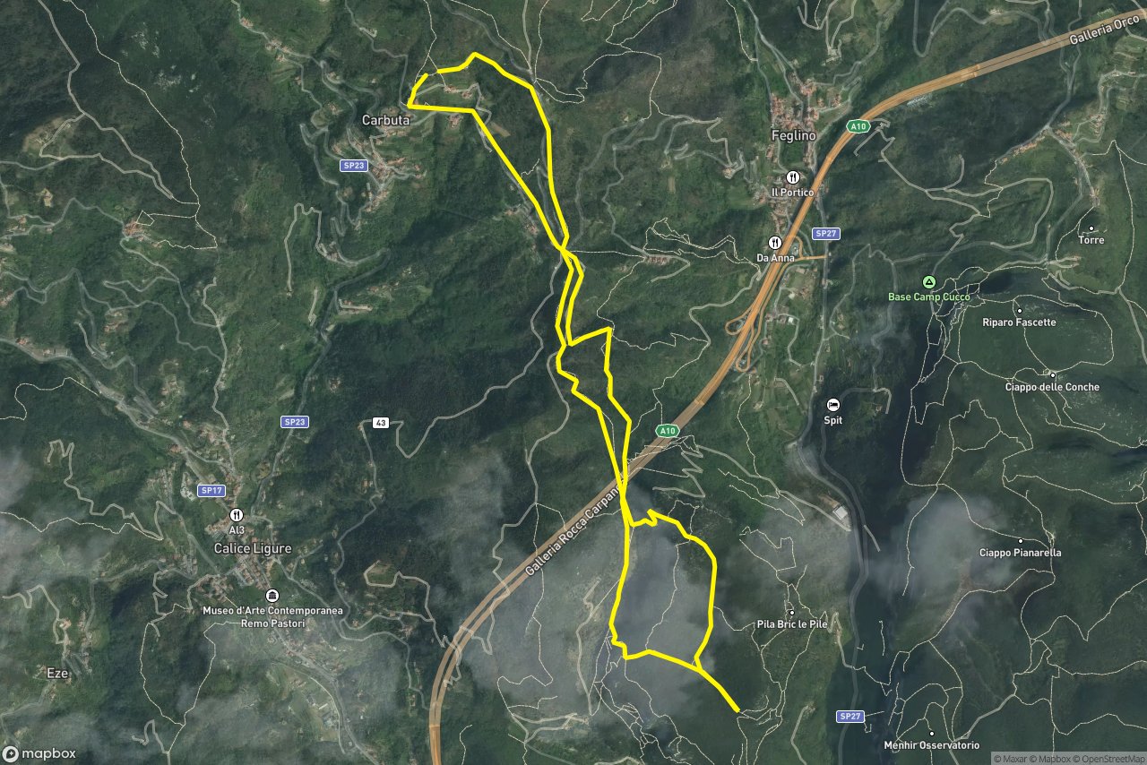 Via San Rocco – Pian Marino Top 8 km loop seen over 3D terrain