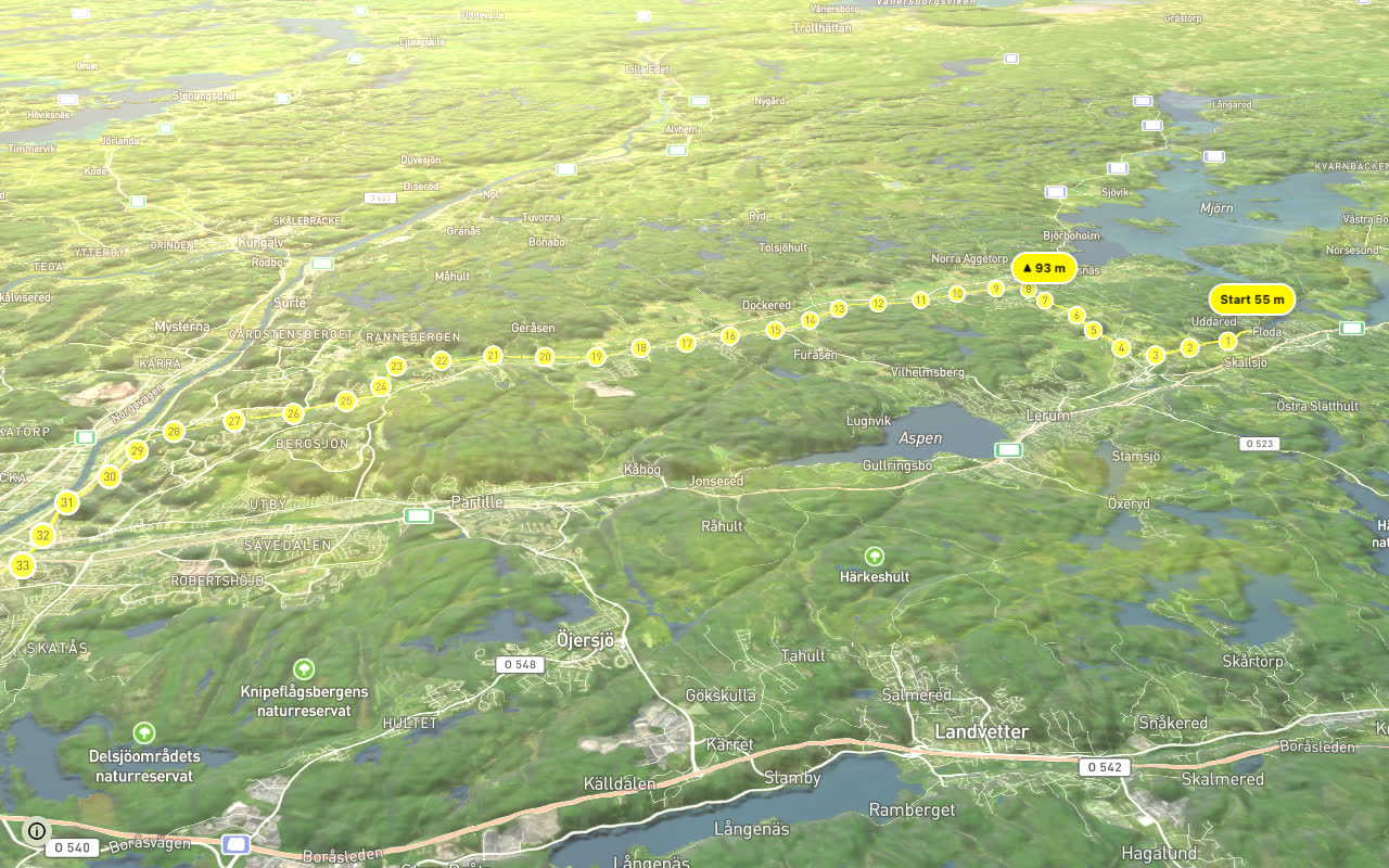 Ljungleden etapp 1: Göteborg–Floda seen over 3D terrain