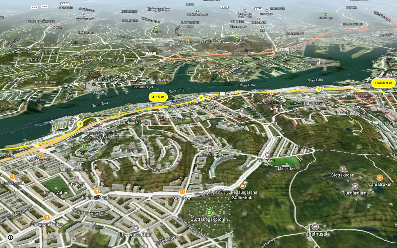 Turiststråket - Alternativ väg via Göteborgs hamn seen over 3D terrain