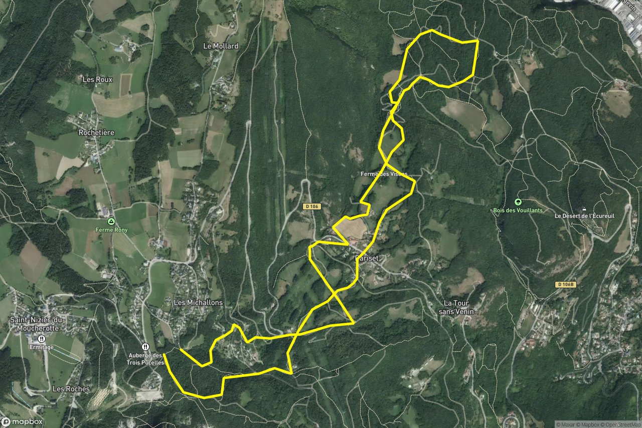 Ancienne Voie du Tram – Chemin de la Tour à Fontaine 11 km loop seen over 3D terrain