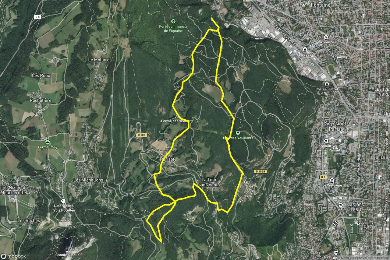Ancienne Voie du Tram – Chemin de Pariset à Vouillant et Fontaine 11 km loop seen over 3D terrain