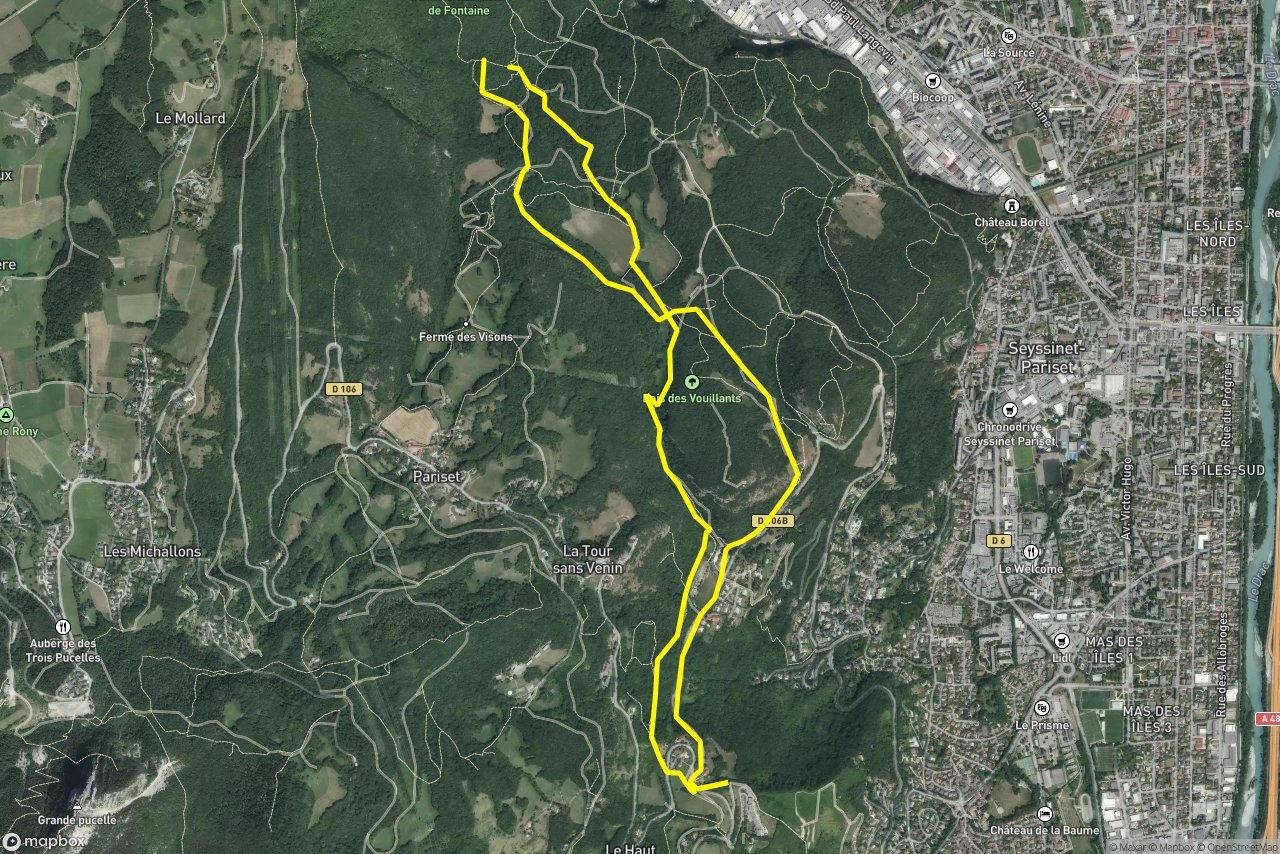Chemin des Charbonniers – Chemin du Génie 9 km loop seen over 3D terrain