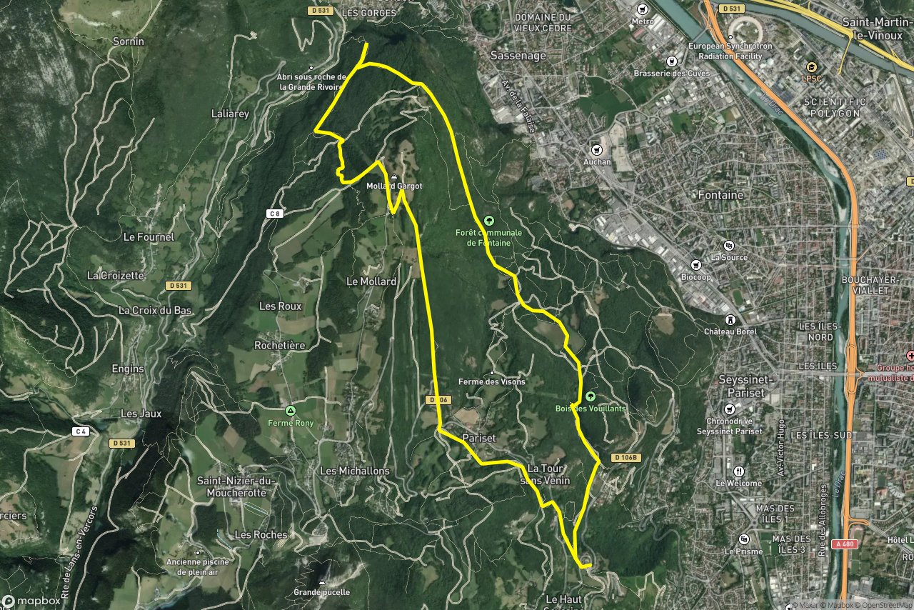 Chemin du Grand Pariset – Ancienne Voie du Tram 15 km loop seen over 3D terrain