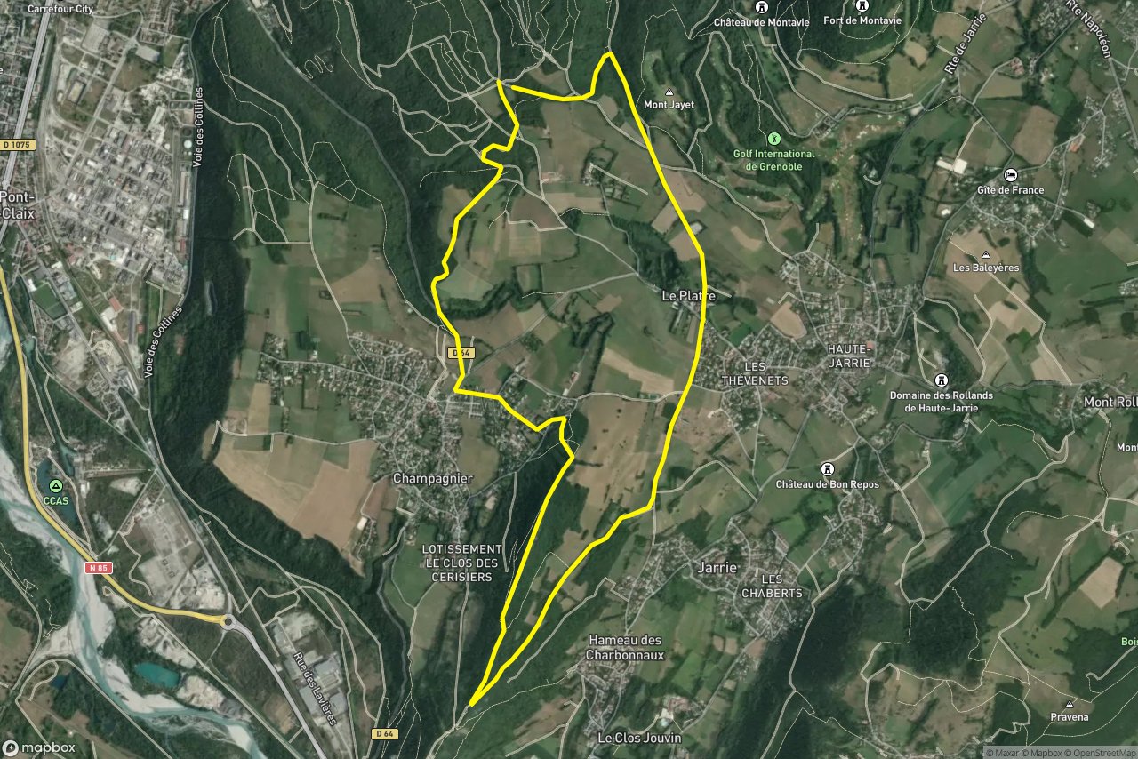 Chemin Ferré – Crêtes de Champagnier 10 km loop seen over 3D terrain