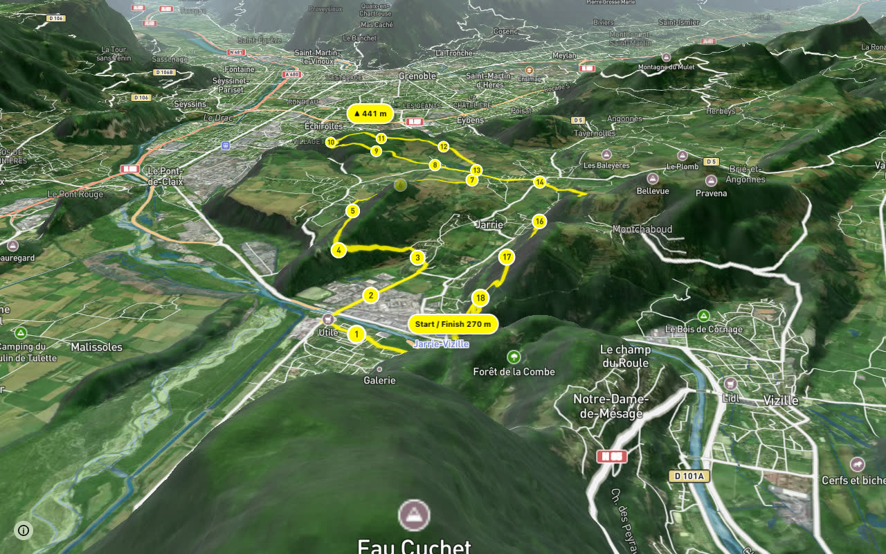 Entre Jarrie et Champs sur Drac seen over 3D terrain