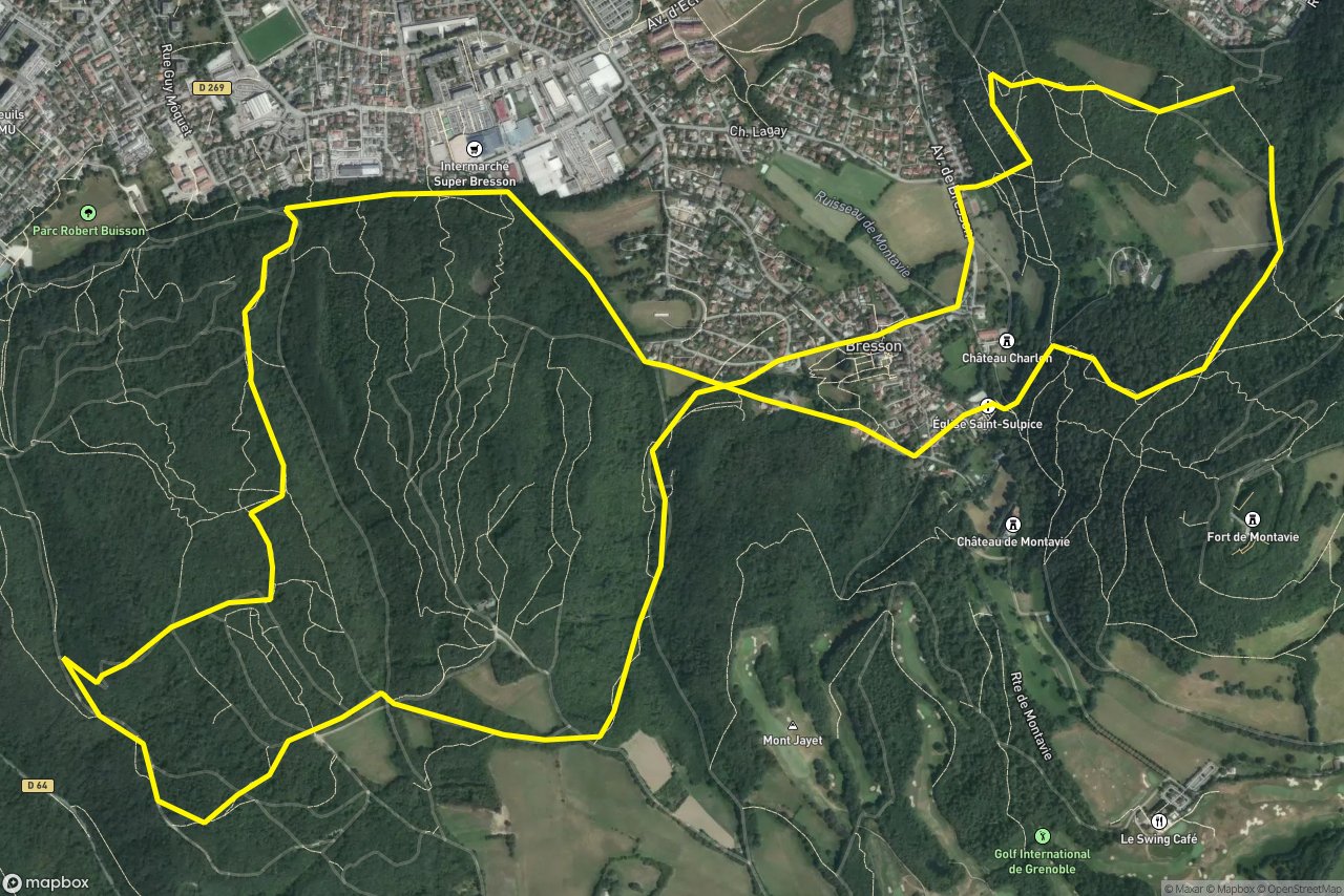 Parcours de santé de la Frange Verte – Chemin des Blaches 10 km loop seen over 3D terrain