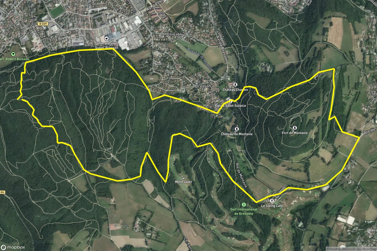 Parcours de santé de la Frange Verte – Rue du Bois 11 km loop seen over 3D terrain