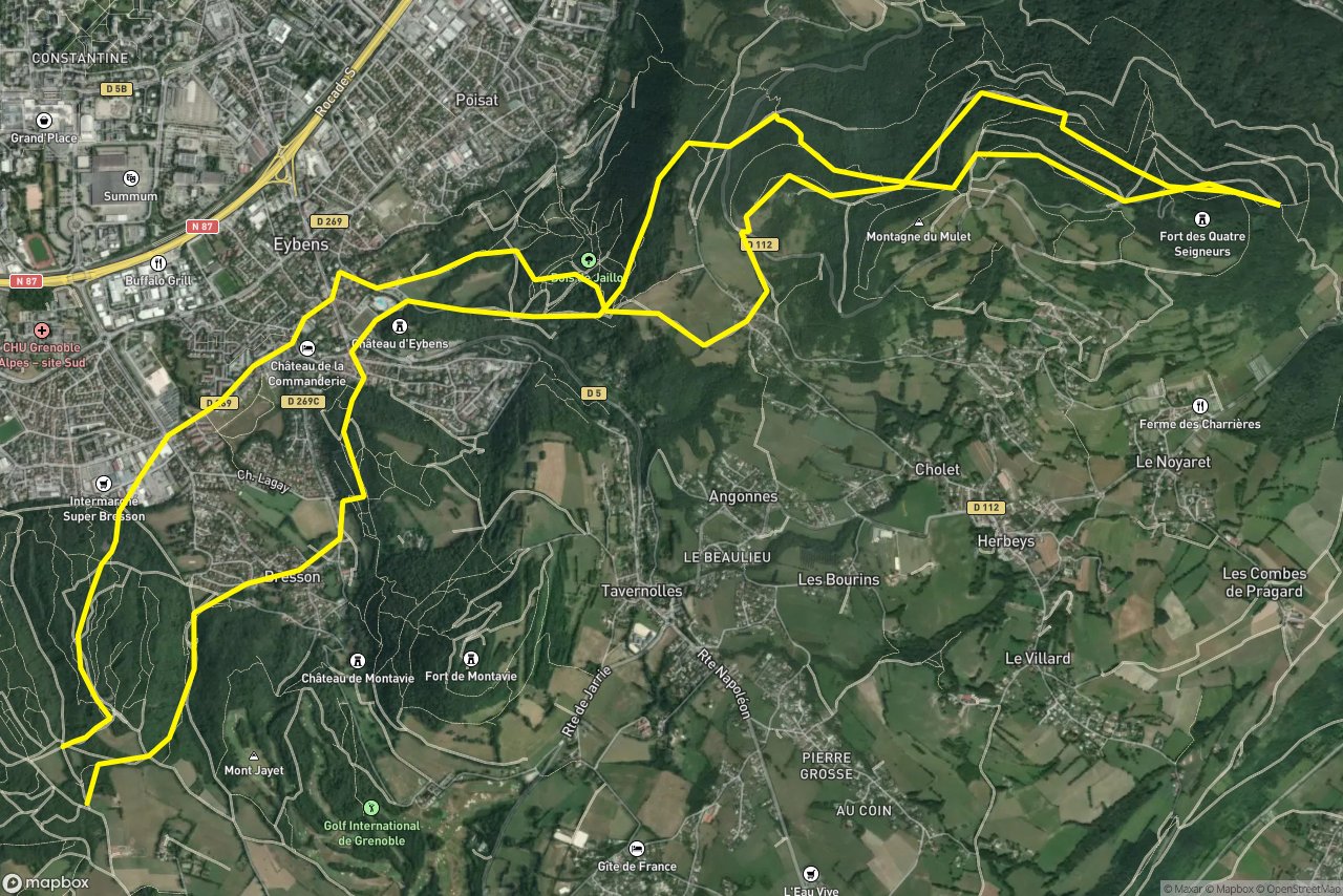 Route forestière du Fournet – Chemin de l'Oratoire 22 km loop seen over 3D terrain
