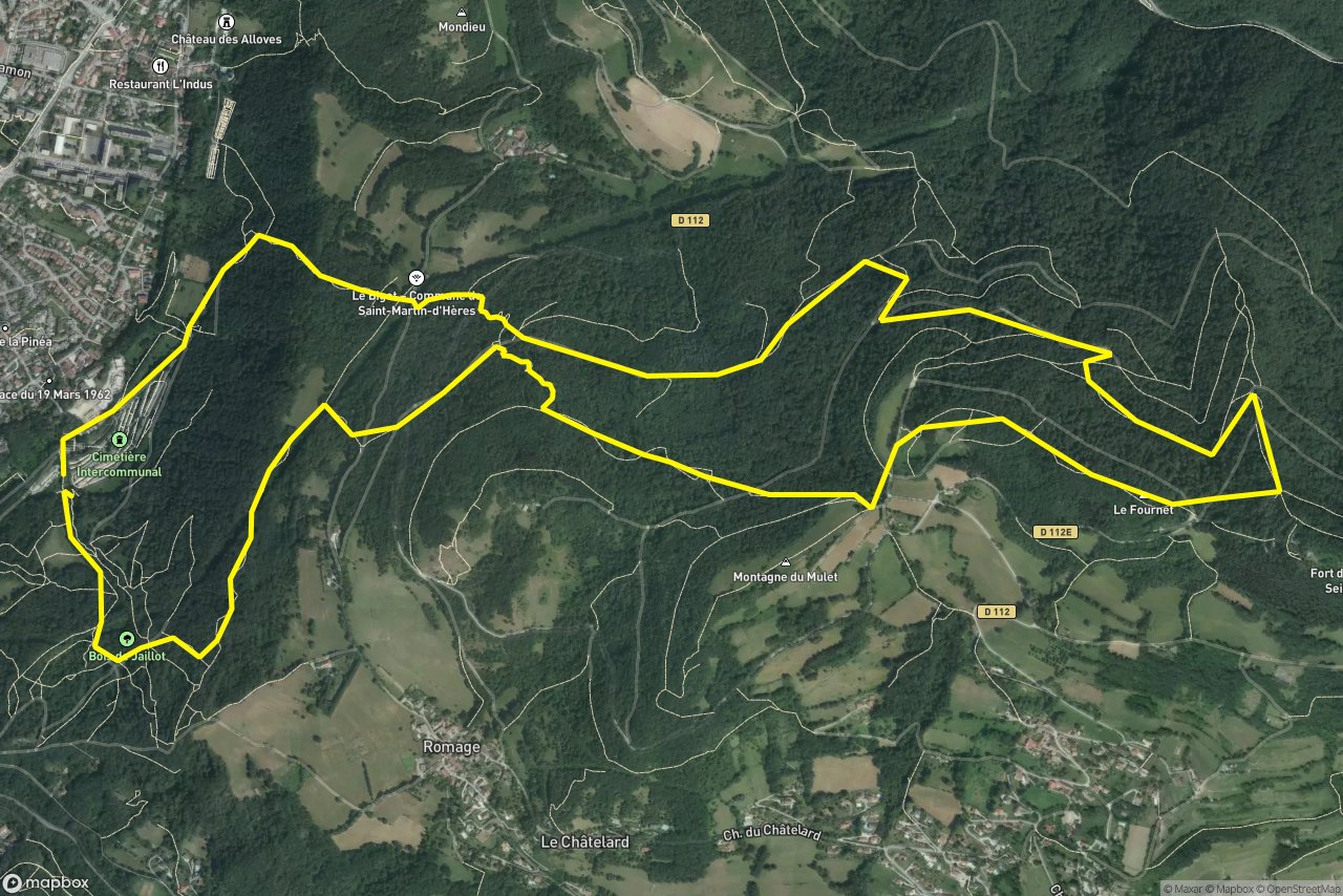 Route forestière du Fournet – Côte à la Montagne 10 km loop seen over 3D terrain