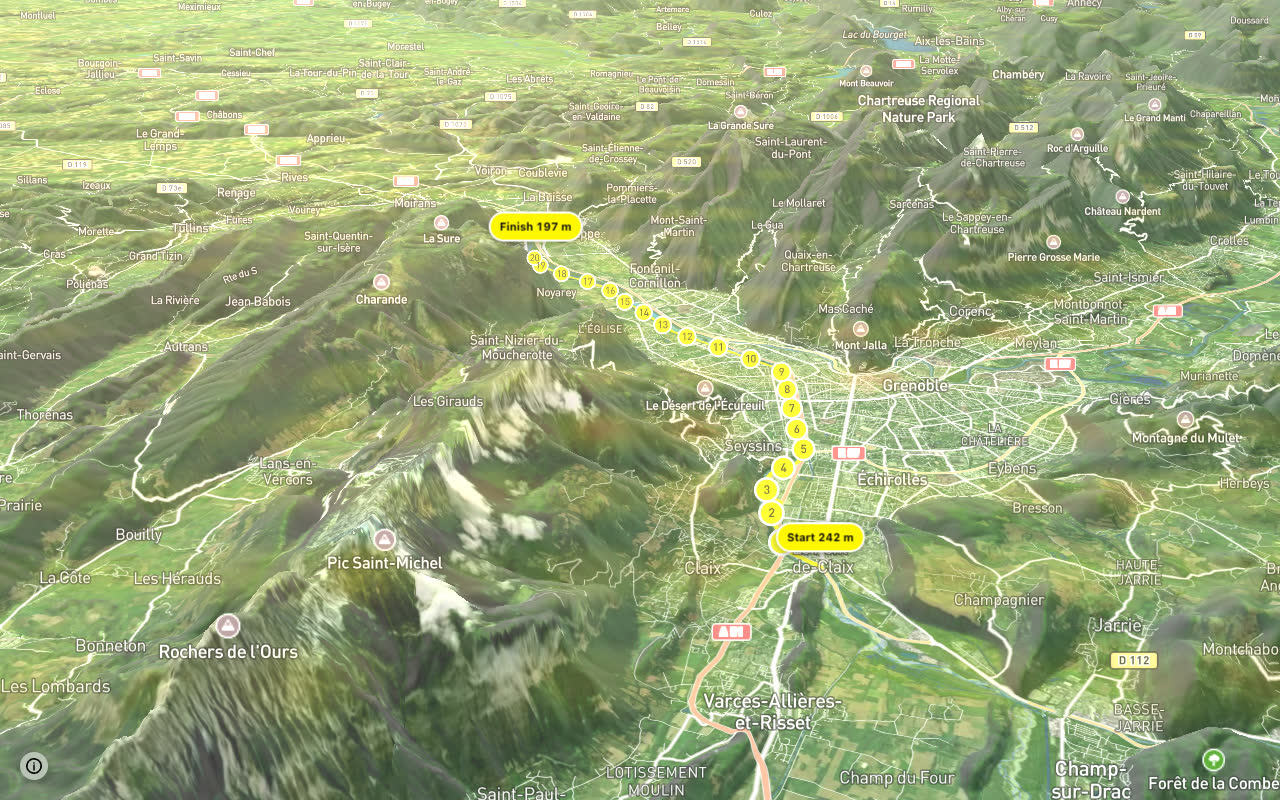 Véloroute de la traversée des Alpes seen over 3D terrain