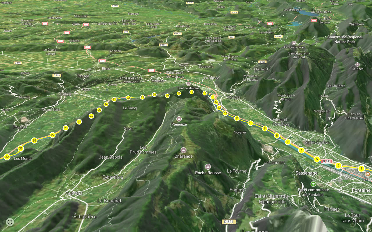 Voie Verte de la digue de l'Isère en amont de Grenoble seen over 3D terrain