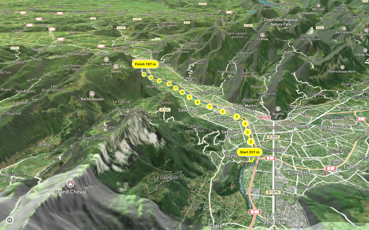 Voie Verte de la digue du Drac seen over 3D terrain