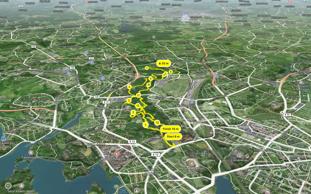 Helsingin keskuspuisto MTB Reitti seen over 3D terrain