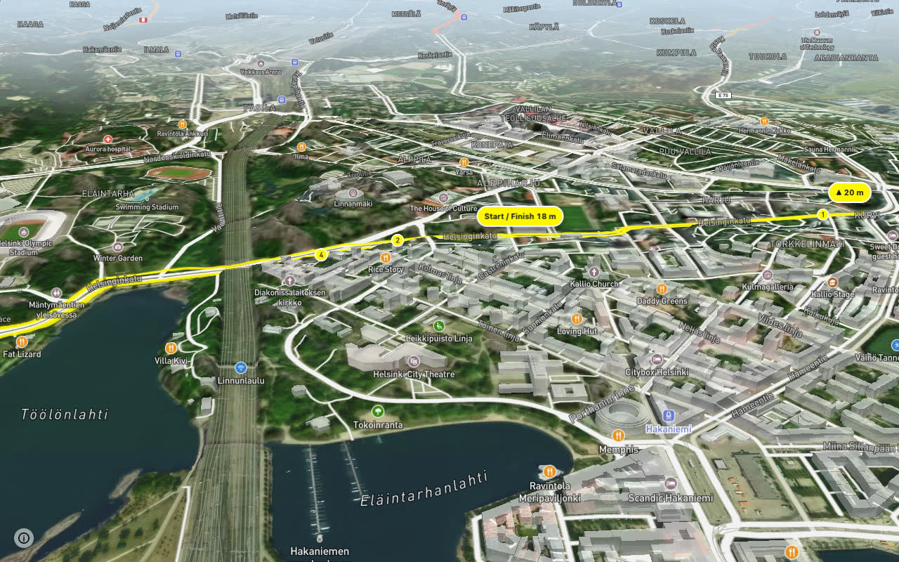 Helsinginkatu seen over 3D terrain