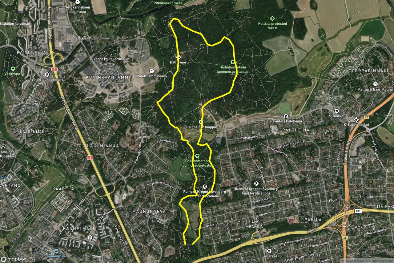 Hiirenportaanpolku – Haltiavuorentaival 9 km loop seen over 3D terrain