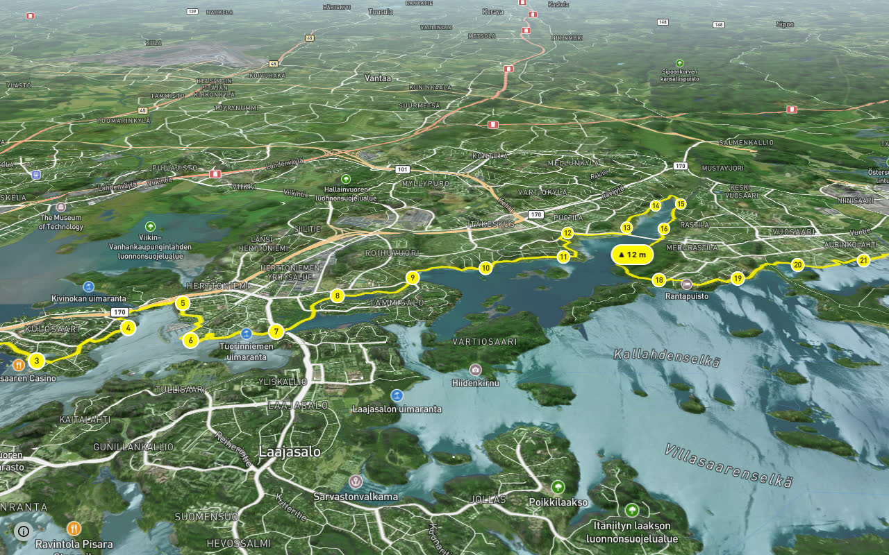 Itäinen rantareitti seen over 3D terrain